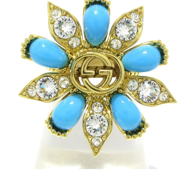 Gucci NIB NWOT flower ring blue gold stackable w/ box $799 retail US size 6